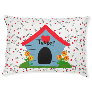 Blue Dog House Red Hearts White Bones Personalized Pet Bed