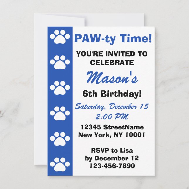 Blue - Dog or Cat Themed Birthday Party Invitation (Front)