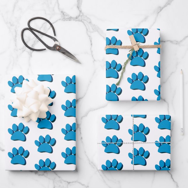 Blue Dog Paw 3D Art Pattern Wrapping Paper Sheets (Front)