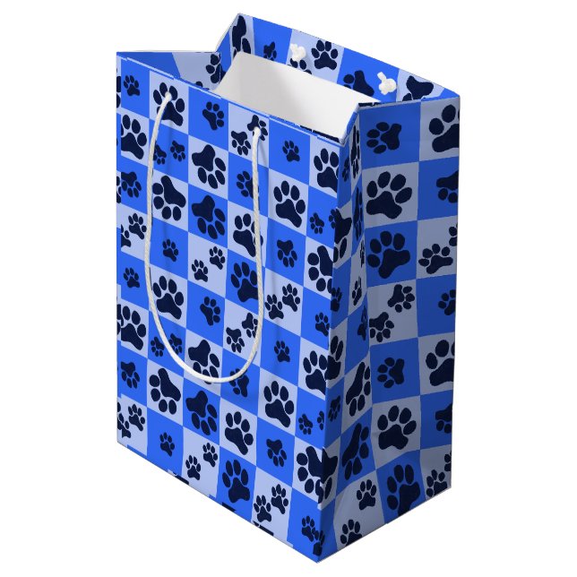 Blue Dog Paw Print Checkerboard Medium Gift Bag (Back Angled)