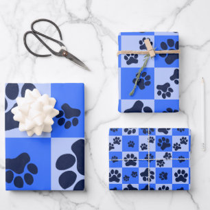 Blue Dog Paw Print Checkerboard Wrapping Paper Sheets