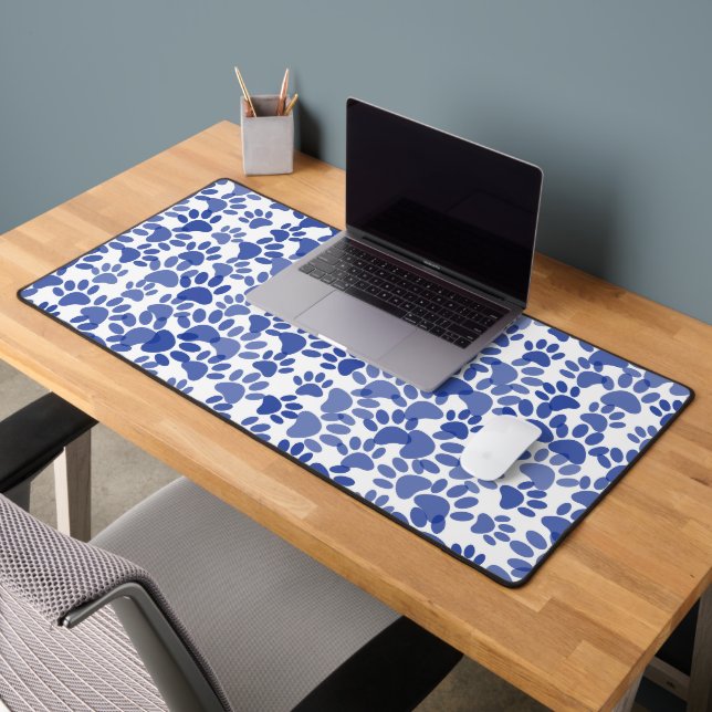 Blue Dog Paw Print Pattern Desk Mat (Office 2)