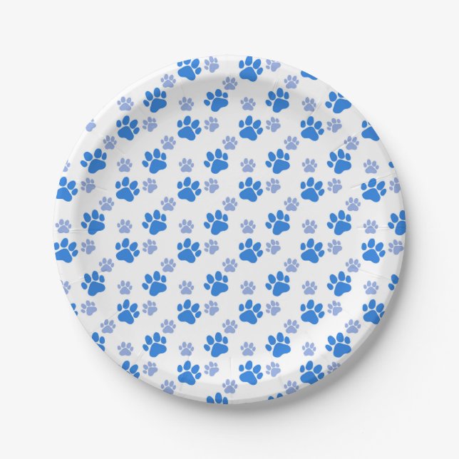 Blue Dog Paw Print Simple Animal Lover Puppies Paper Plates (Front)