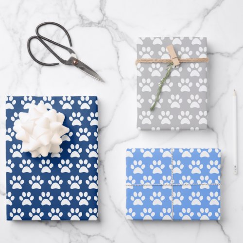 Blue Dog Paw Wrapping Paper Flat Sheet Set of 3