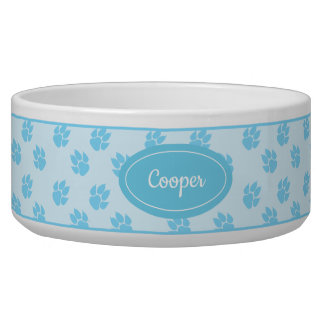 Blue Dog Paws Pattern With Custom Name Bowl