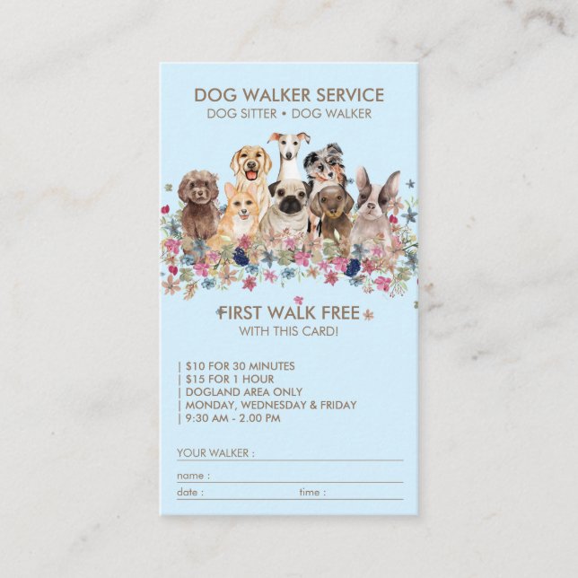Blue Dog Walker Service Free gift name Business Card (Front)