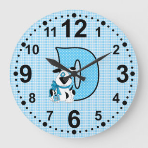 Blue Dog with Polka Dots and Letter D Large Clock