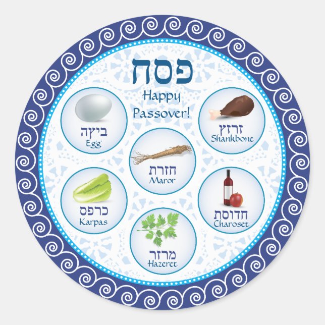 Blue Doily Passover Seder Plate Sticker (Front)