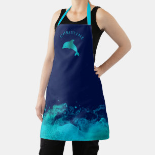 blue dolphin and waves on blue apron