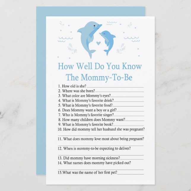 Blue Dolphin How well do you know baby shower game (Front/Back)