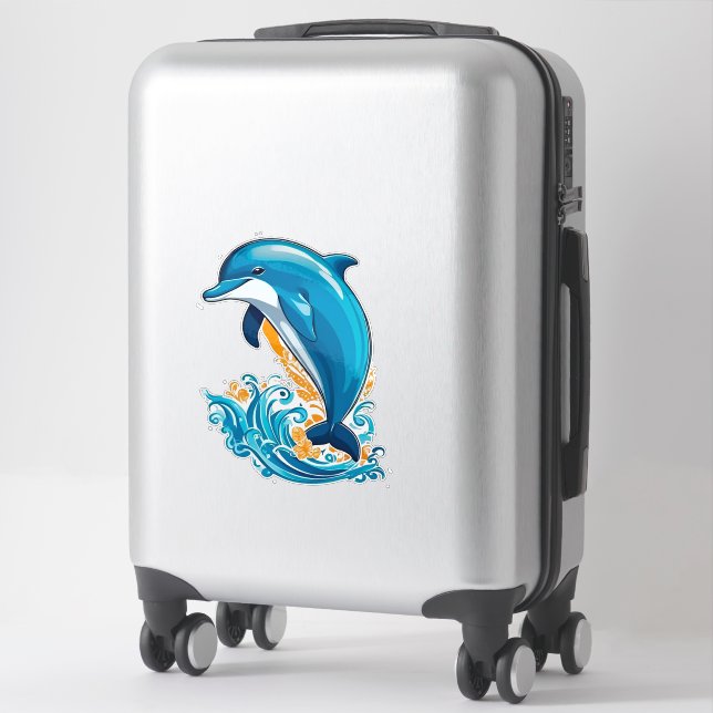 Blue Dolphin Jumping Over Ocean Waves Sticker (Suitcase)