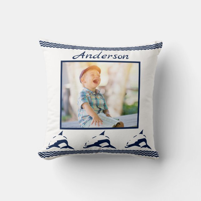 Blue Dolphin Nautical Navy Photo Frame Throw Pillow (Front)
