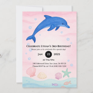 Blue Dolphin Ocean Birthday  Invitation