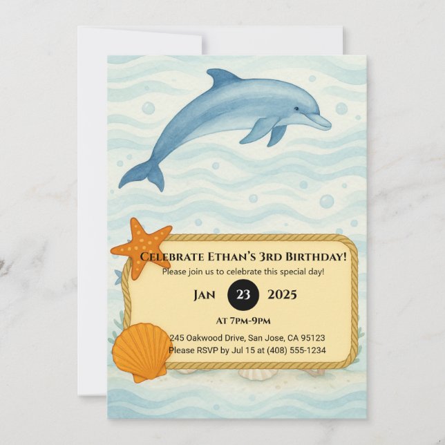 Blue Dolphin & Ocean Floor Back Design Birthday  Invitation (Front)