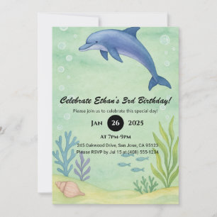 Blue Dolphin & Ocean Garden Illustration Birthday  Invitation