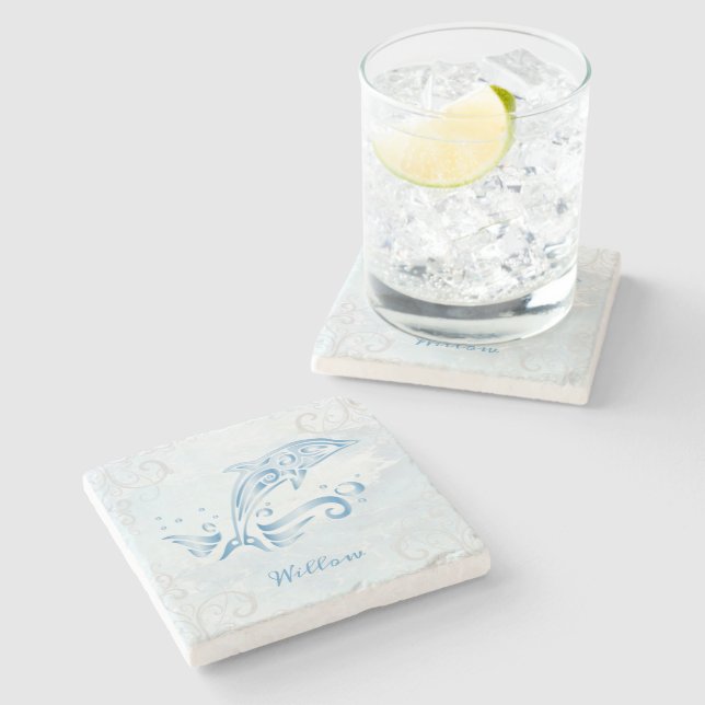 Blue Dolphin Personalized Stone Coaster (Side)