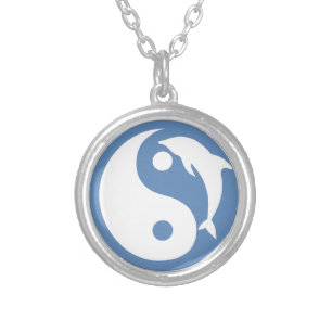 Blue Dolphin Yin Yang Symbol Silver Plated Necklace