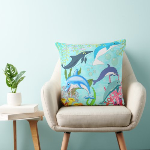 Blue Dolphins In Tropical Oasis Throw Pillow
