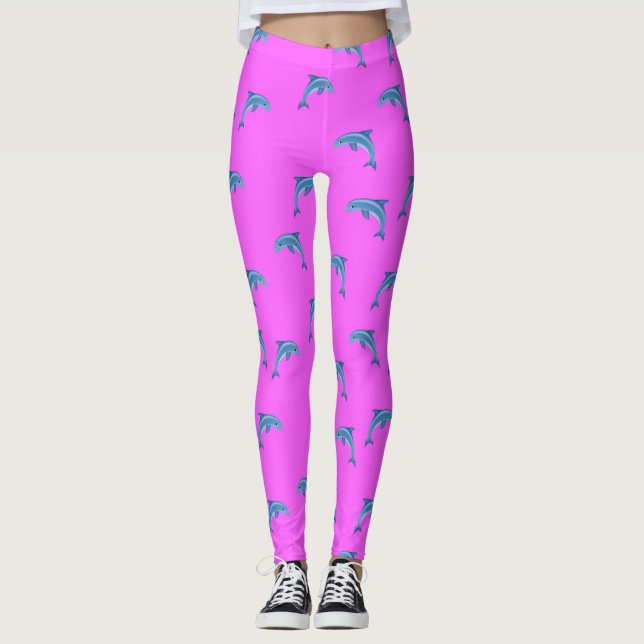 Blue dolphins on pink, animal themed, cartoon leggings (Front)