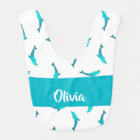 Blue dolphins on white baby bib