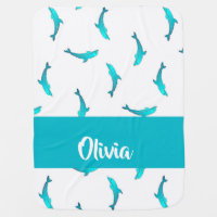Blue dolphins on white baby blanket