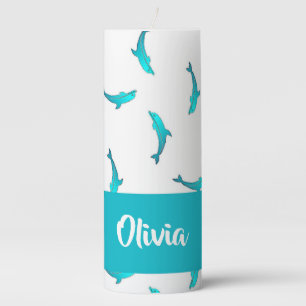 Blue dolphins on white  pillar candle
