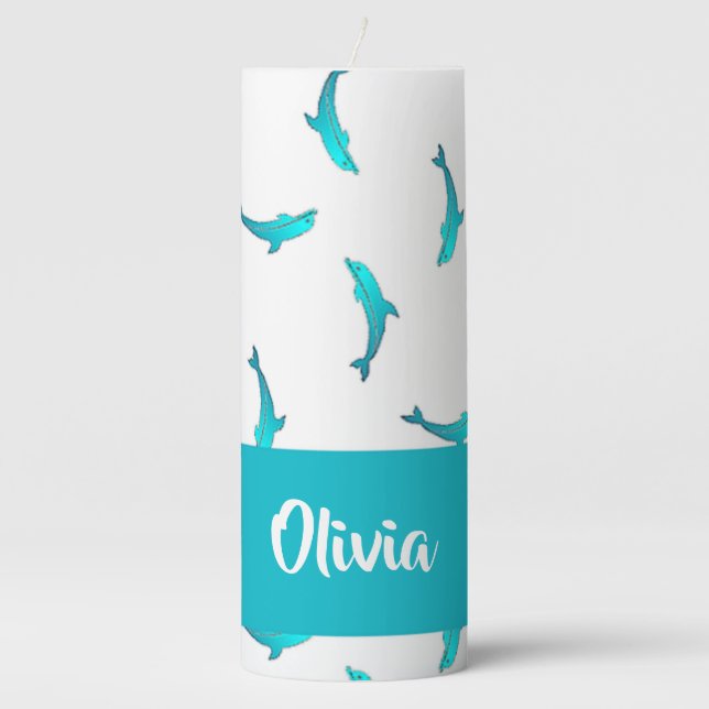 Blue dolphins on white  pillar candle (Front)