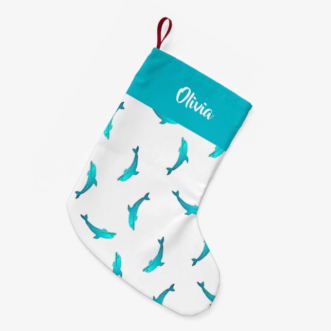 Blue dolphins on white small christmas stocking (Front (Hanging))