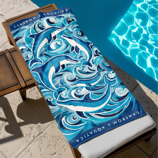 Blue Dolphins & Waves Customizable Beach Towel (dolphin beach towel by the pool)