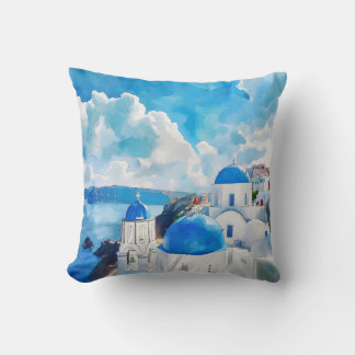 "Blue Domes of Santorini – Watercolor Art" Throw Pillow