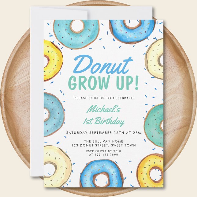 Blue Donut 1st Birthday Boy Donut Grow Up Invitation (Creator Uploaded)
