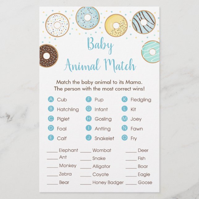 Blue Donut Baby Shower Animal Match Game (Front)