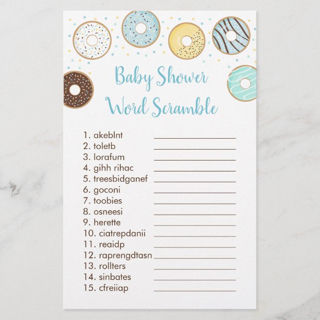 Blue Donut Baby Shower Word Scramble Game (Front)