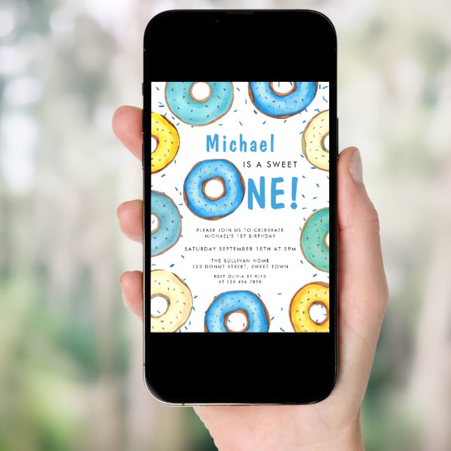 Blue Donut Boy's First Birthday Party Invitation (Front Digital)