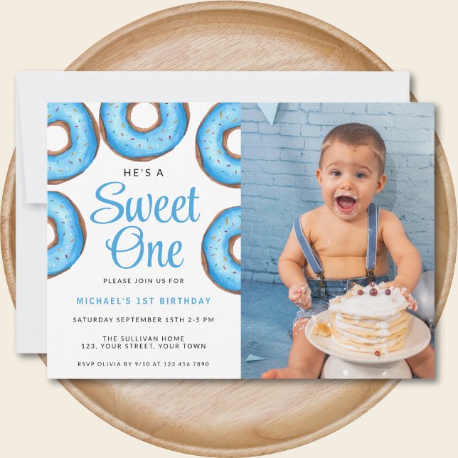 Blue Donut First Birthday Photo Party Invitation (Creator Uploaded)