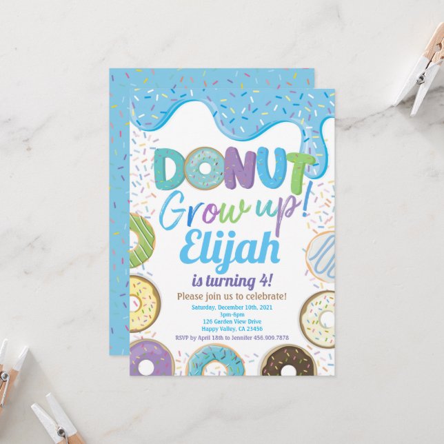 Blue Donut Grow Up Boy Kid Birthday Party Invitati Invitation (Front/Back In Situ)