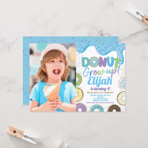 Blue Donut Grow Up Boy Kid Birthday Party Photo Invitation