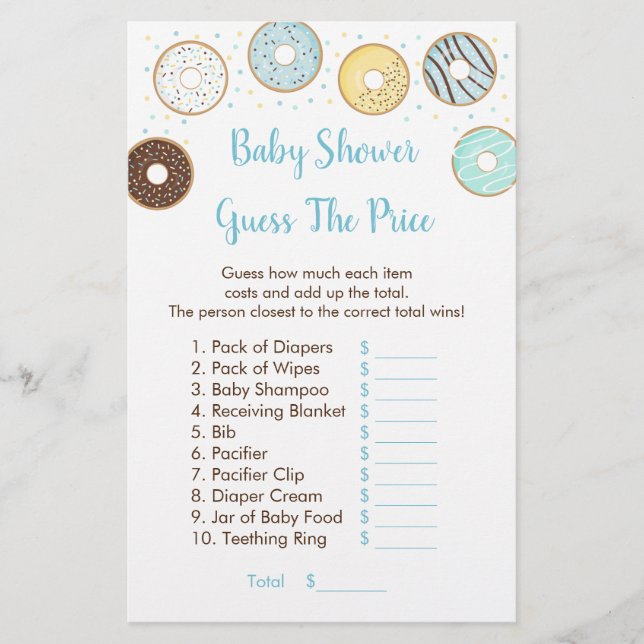 Blue Donut Guess The Price Baby Shower Game (Front)