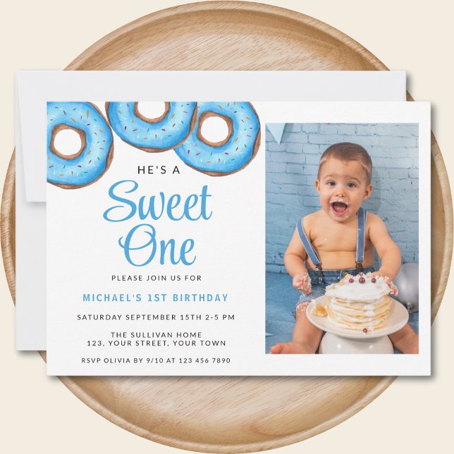 Blue Donut Photo Boy's First Birthday Party Invitation (Creator Uploaded)