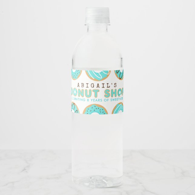 Blue Donut Shop Birthday Party Water Bottle Label (Front)