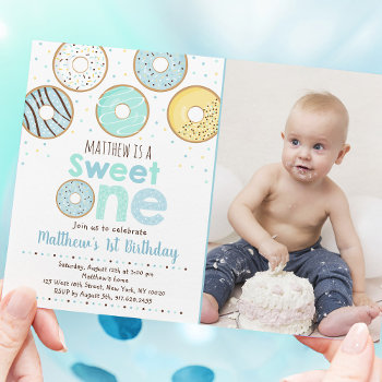 Blue Donut Sweet One First Birthday Invitation by LittlePrintsParties at Zazzle