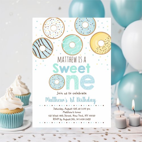 Blue Donut Sweet One First Birthday Invitation