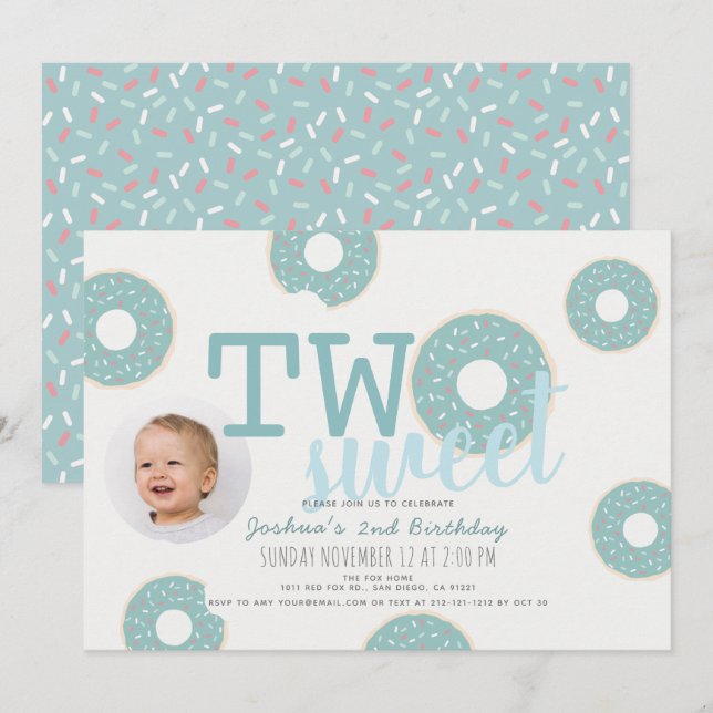 Blue Donut Two Sweet Boy Photo 2nd Birthday Invitation (Front/Back)