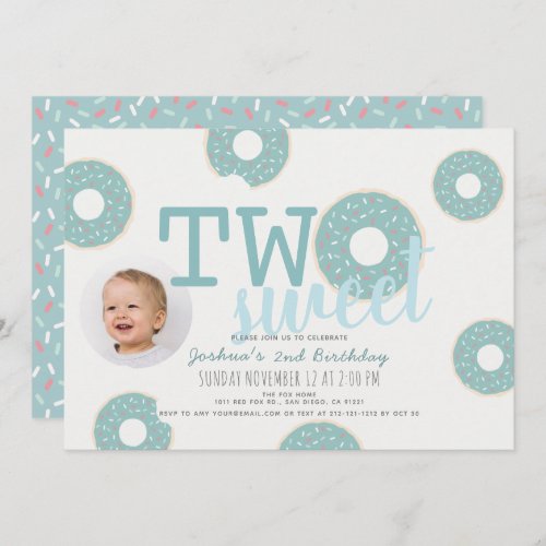 Blue Donut Two Sweet Boy Photo 2nd Birthday Invitation