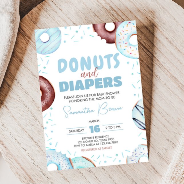 Blue Donuts and Diapers Baby Shower  Invitation (Donuts and Diapers Baby Shower Invitation)