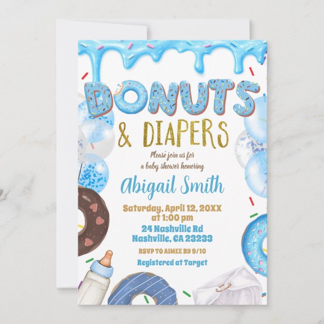 Blue Donuts and Diapers baby shower  Invitation (Front)
