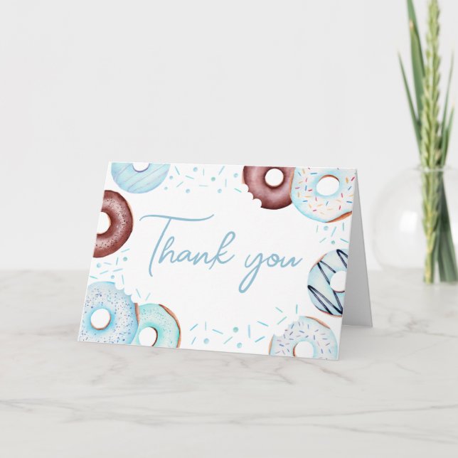 Blue Donuts and Diapers Baby Shower  Thank You Card (Front)
