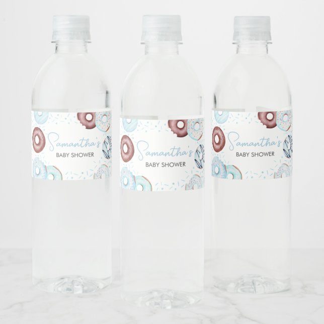 Blue Donuts and Diapers Baby Shower Water Bottle Label (Bottles)