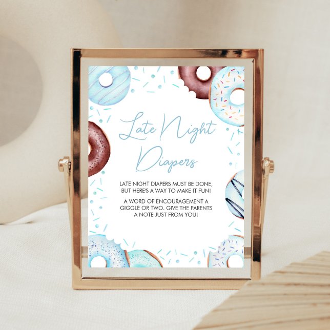 Blue Donuts and Diapers Late Night Diapers Poster (Donuts and Diapers Baby Shower Late Night Diapers Sign)