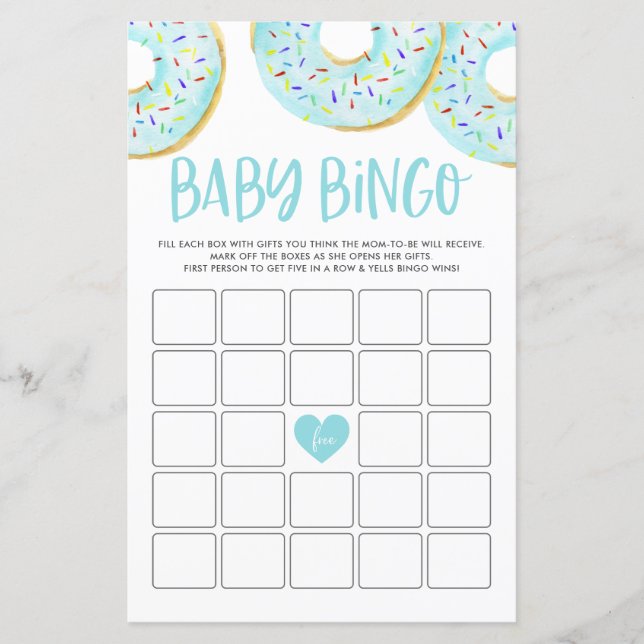 Blue Donuts Baby Shower Bingo Game Card (Front)